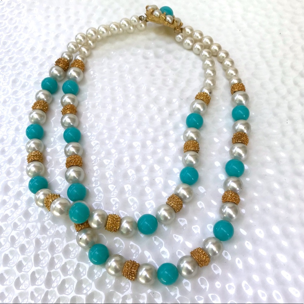 Vintage 50’s faux turquoise & pearl beaded double necklace - Picture 2 of 6